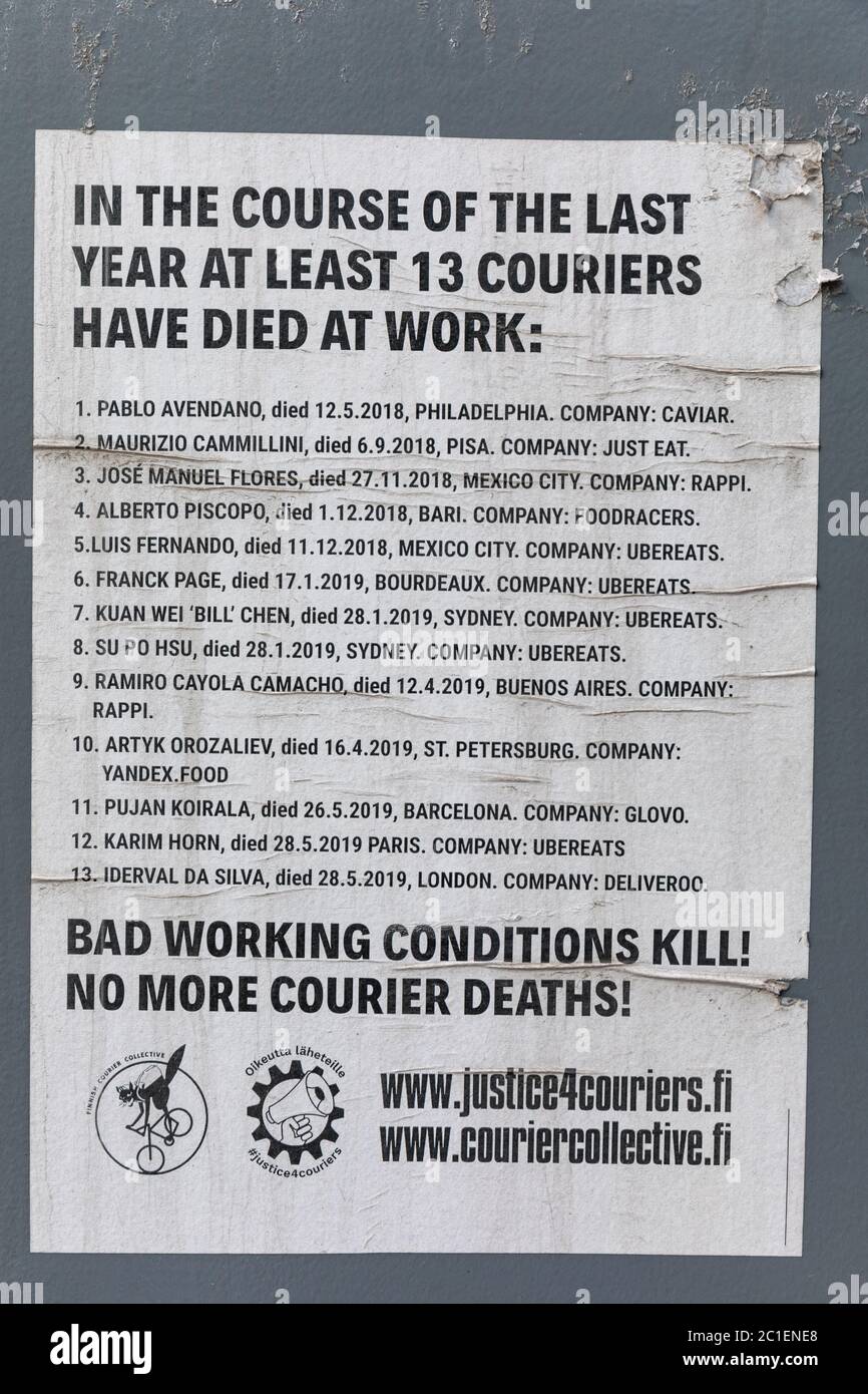 Justice for couriers. Poster on the wall in Helsinki, Finland. Stock Photo