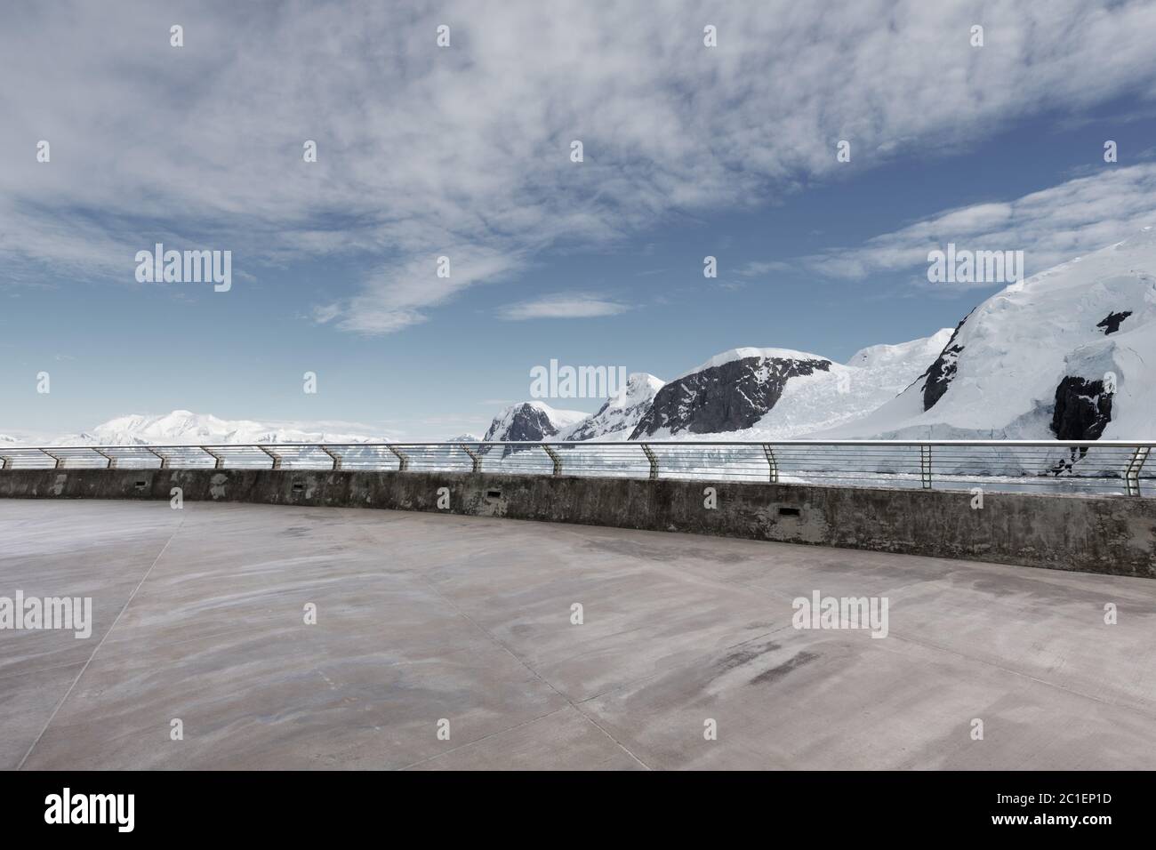 empty brick ground with sonw mountain as background Stock Photo