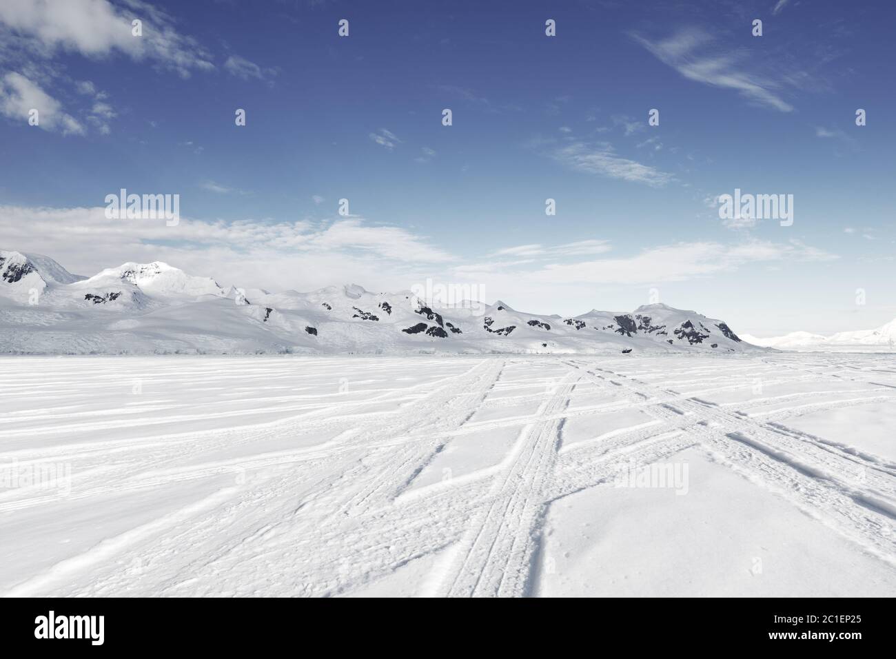 empty brick ground with sonw mountain as background Stock Photo