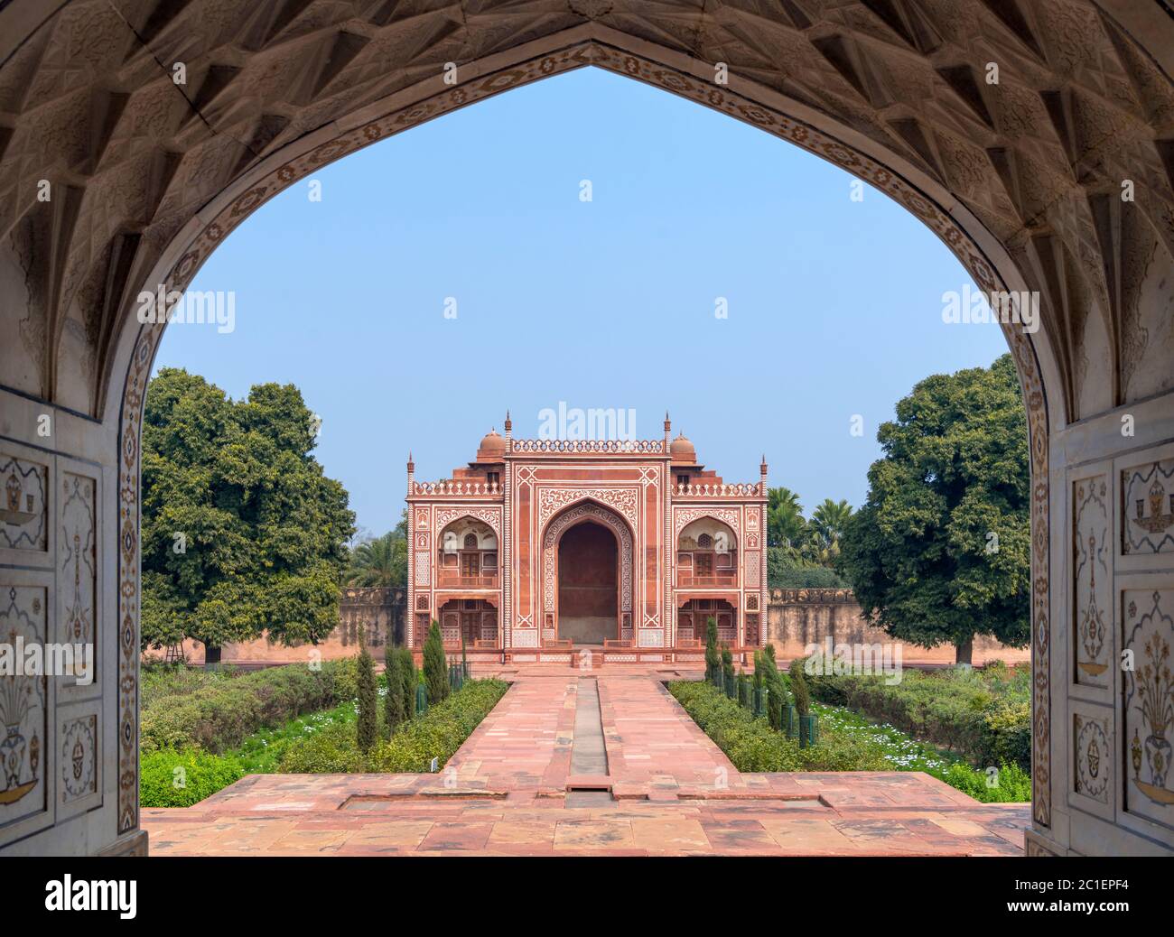View from the Tomb of Itmad-ud-Daulah (I'timād-ud-Daulah), also known as "Baby Taj", a Mughal mausoleum in the city of Agra, Uttar Pradesh, India Stock Photo