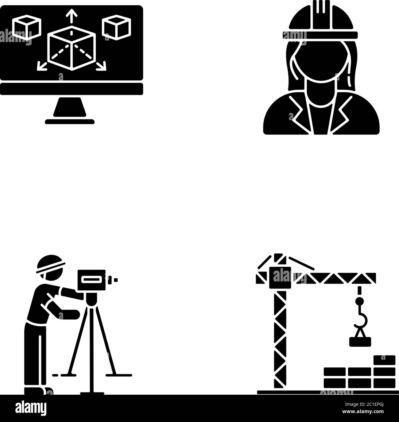 Construction building process black glyph icons set on white space ...