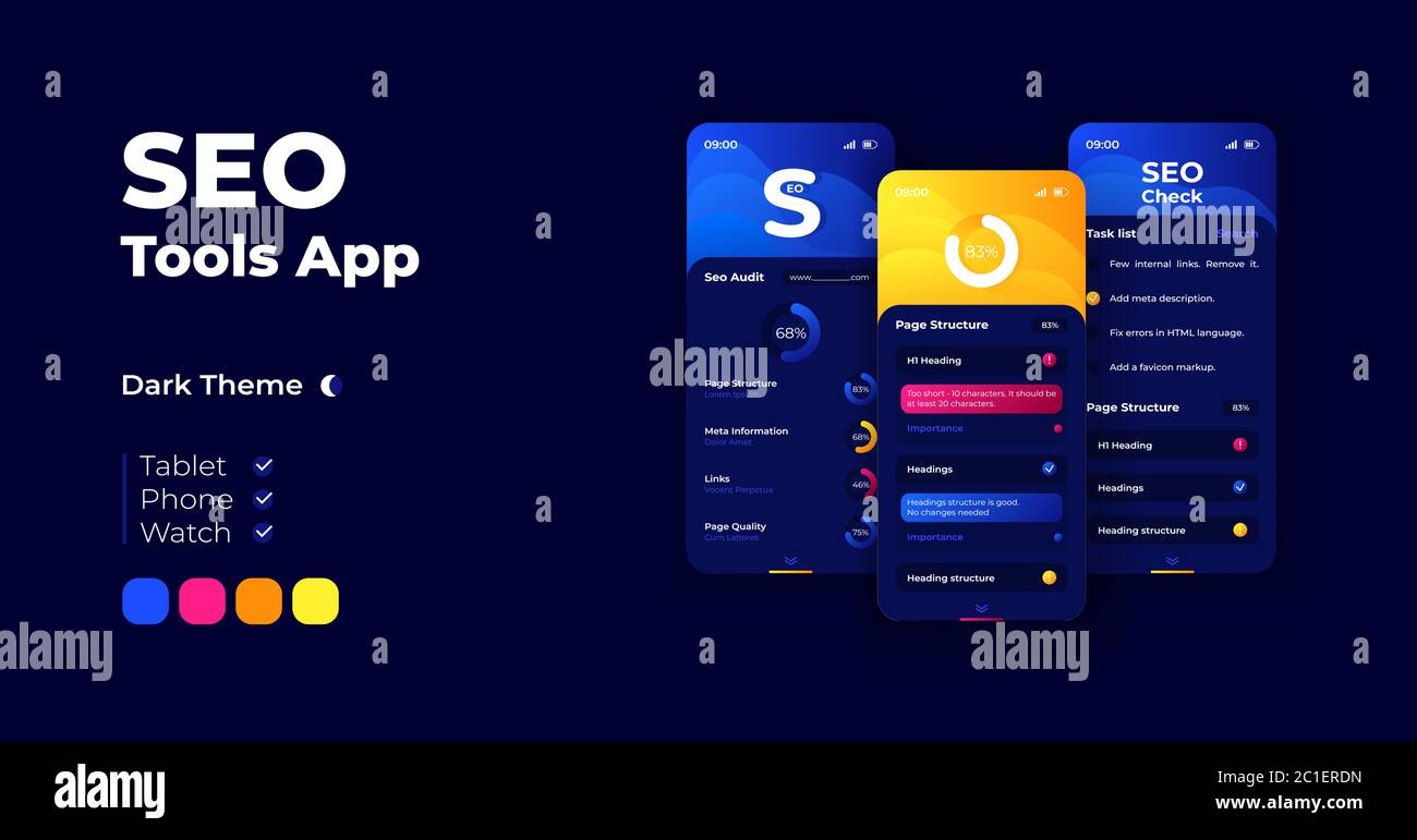 Seo tools cartoon smartphone interface vector templates set Stock ...