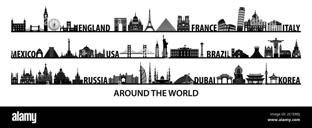 world famous landmarks silhouette style with black and white color design,vector illustration Stock Vector