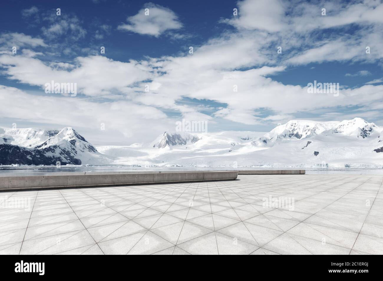 empty brick ground with sonw mountain as background Stock Photo