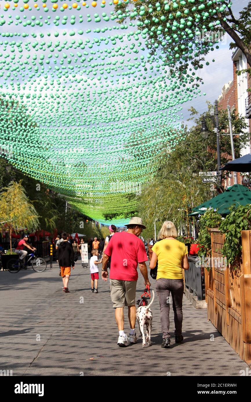 Couple walking dog in gay village, Montreal, Canada under colourful decoration. Stock Photo
