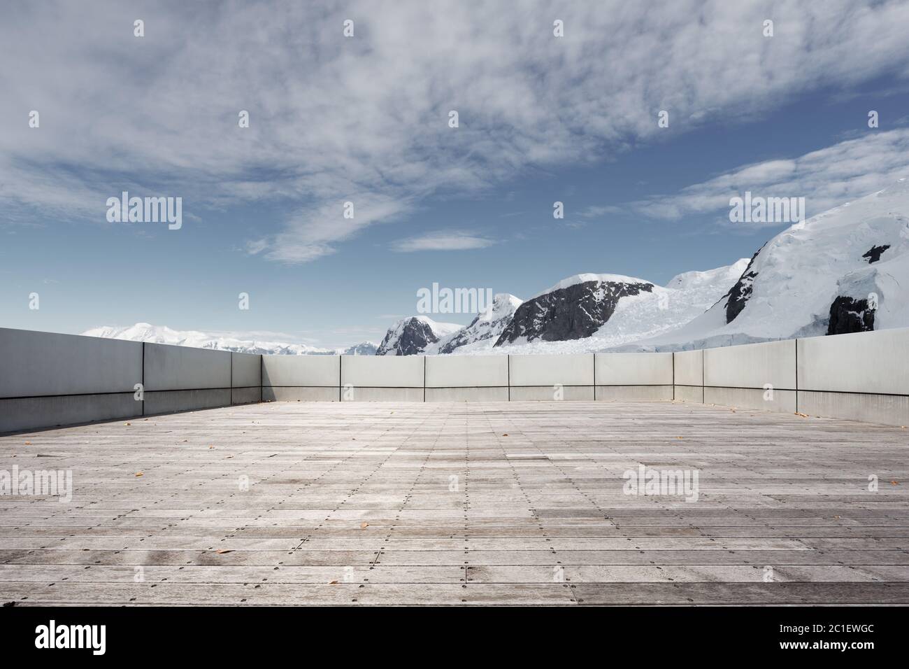 empty brick ground with sonw mountain as background Stock Photo