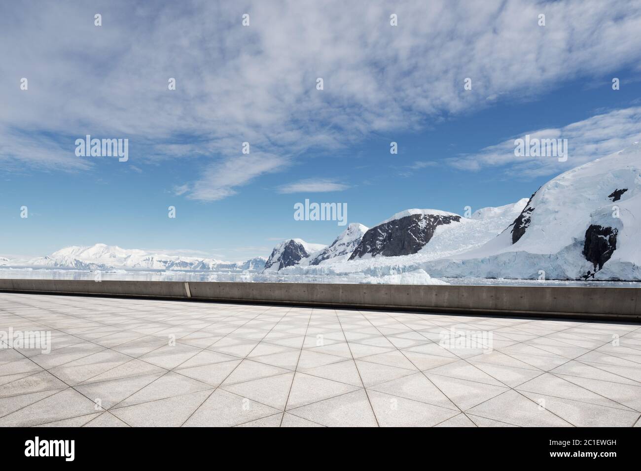 empty brick ground with sonw mountain as background Stock Photo