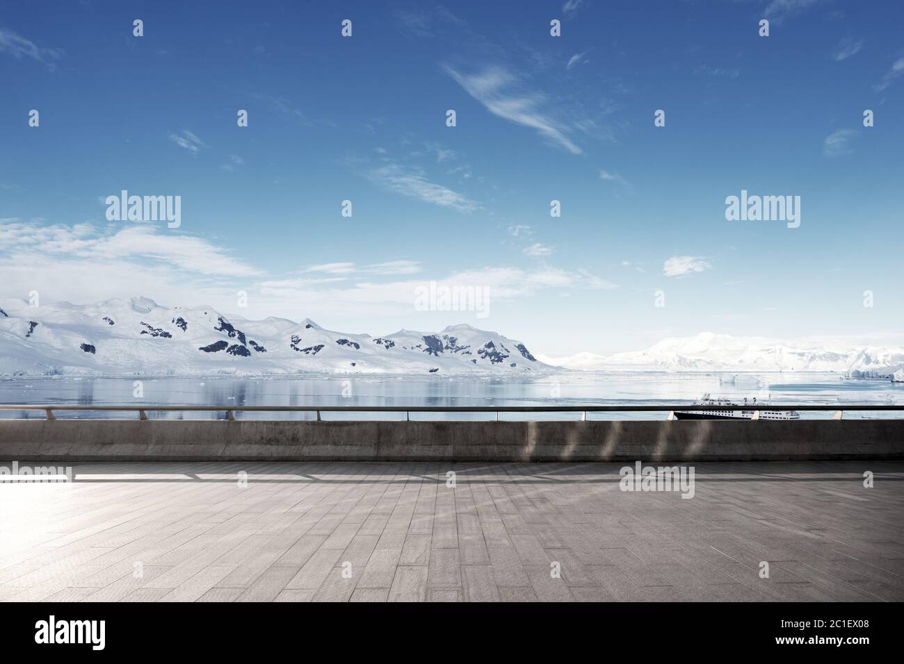 empty brick ground with sonw mountain as background Stock Photo