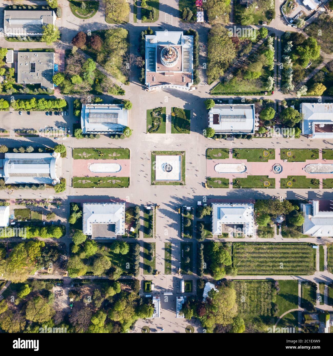 Aerial view shooting from drone of the central symmetrical square of the National Exhibition Center in Kiev, Ukraine. Stock Photo