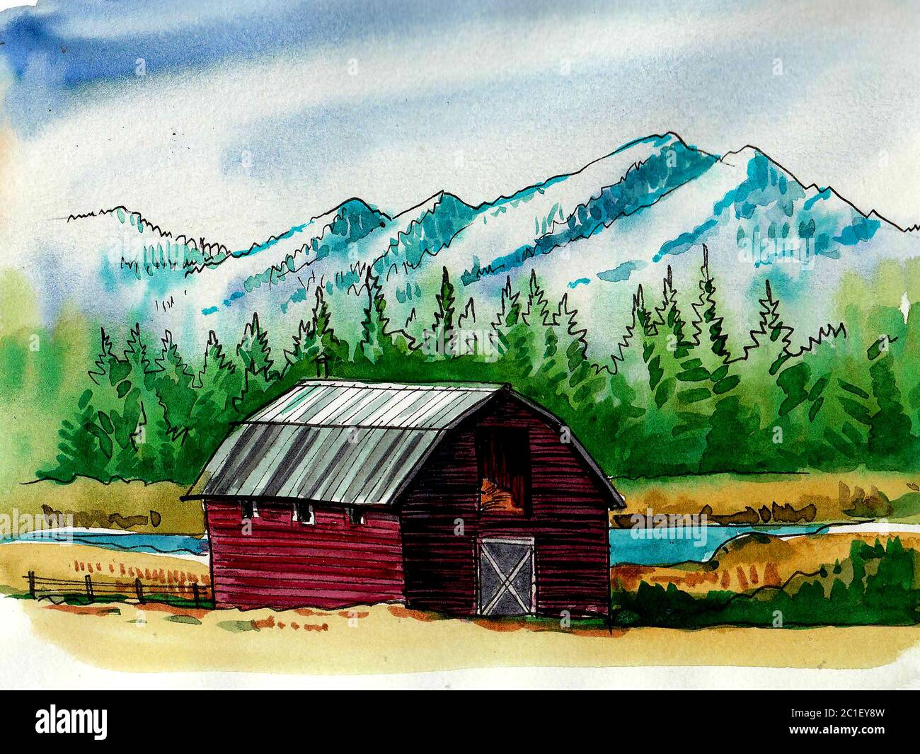 Old barn in the mountain countryside. Ink and watercolor drawing Stock