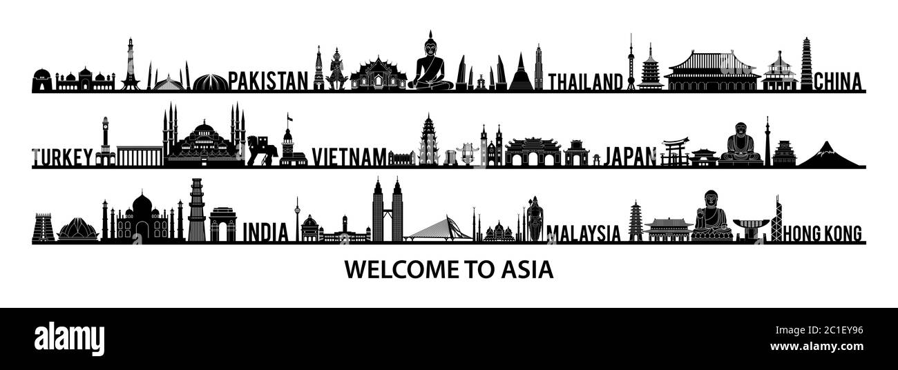 collection of famous landmarks of Asia silhouette style with black and white color,vector illustration Stock Vector