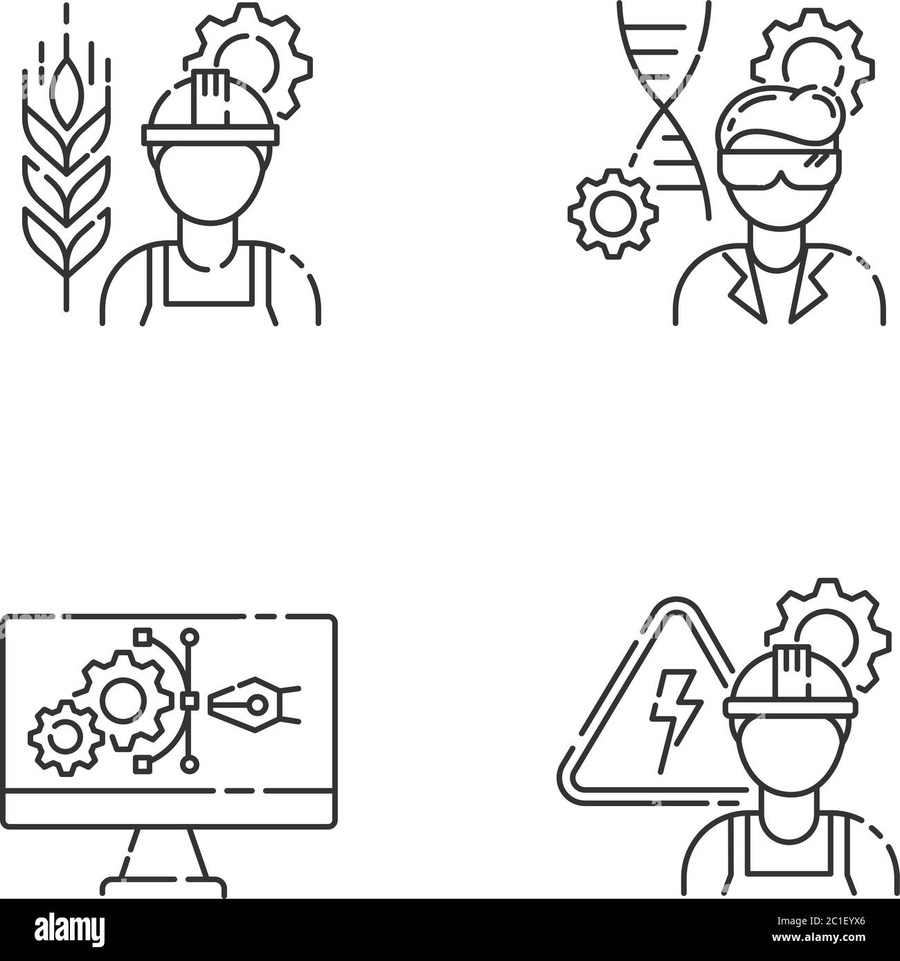 Engineering career type pixel perfect linear icons set Stock Vector