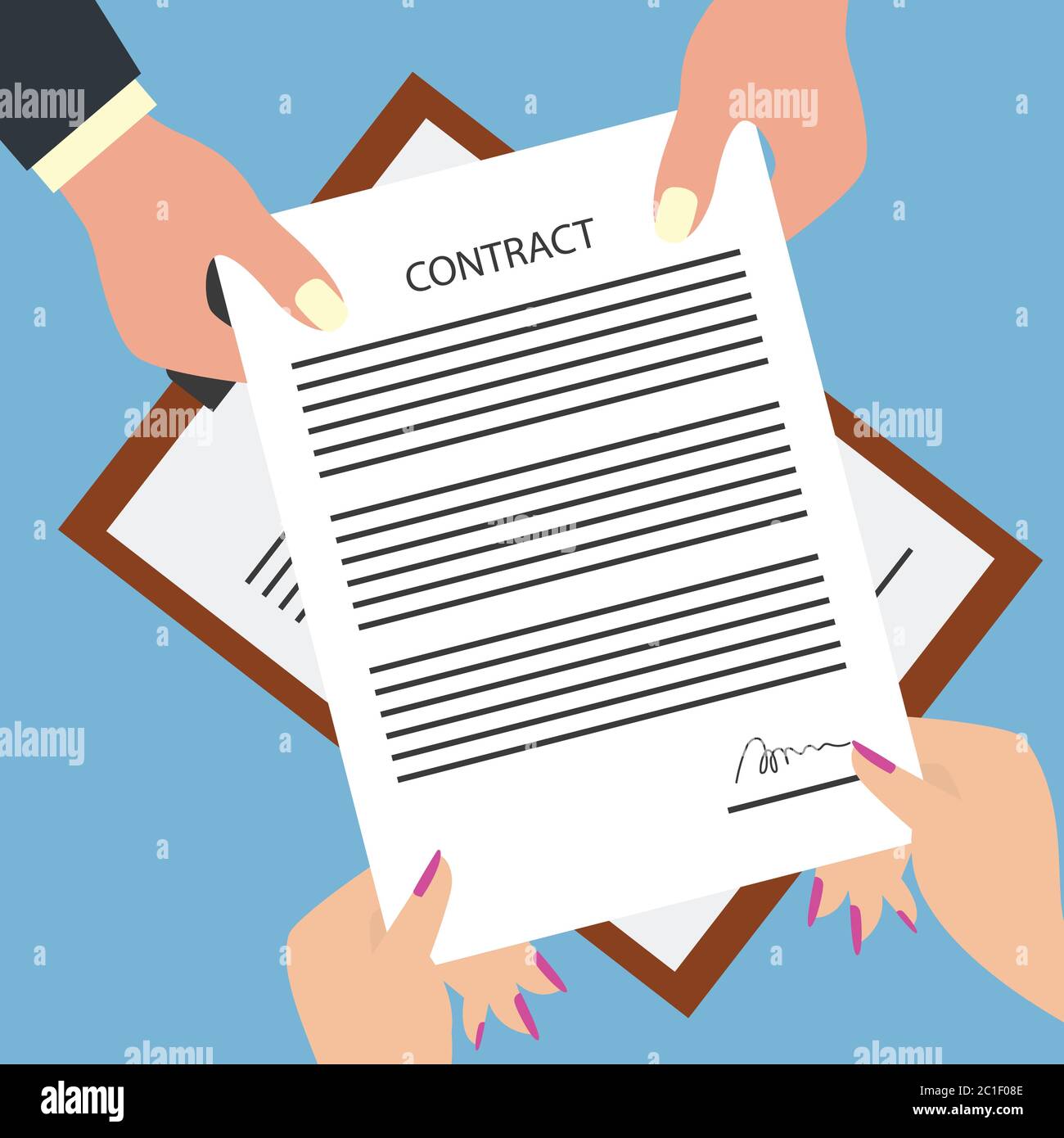 man giving signed contract form to woman. vector illustration Stock