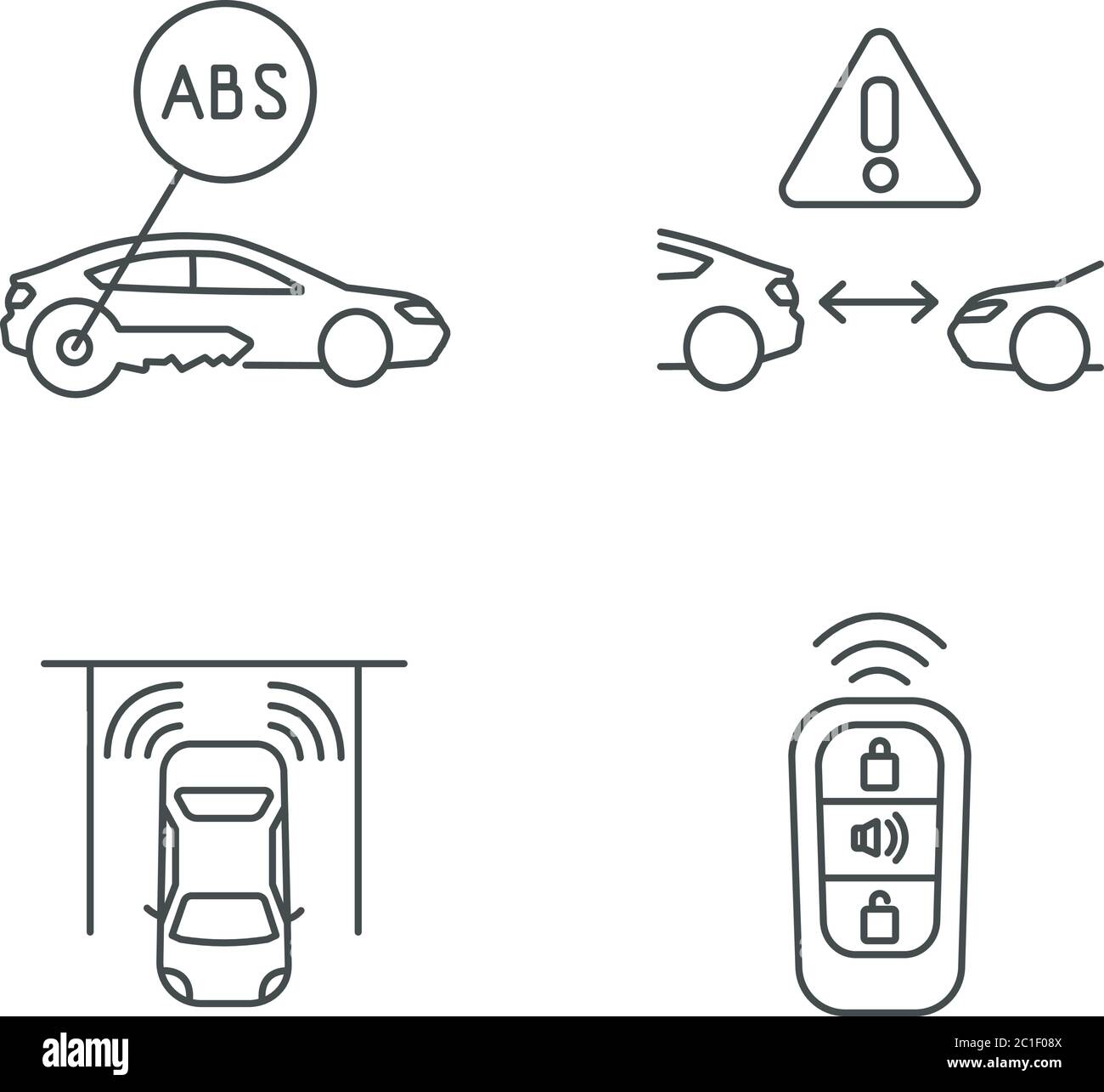 Smart driving safety systems pixel perfect linear icons set Stock Vector