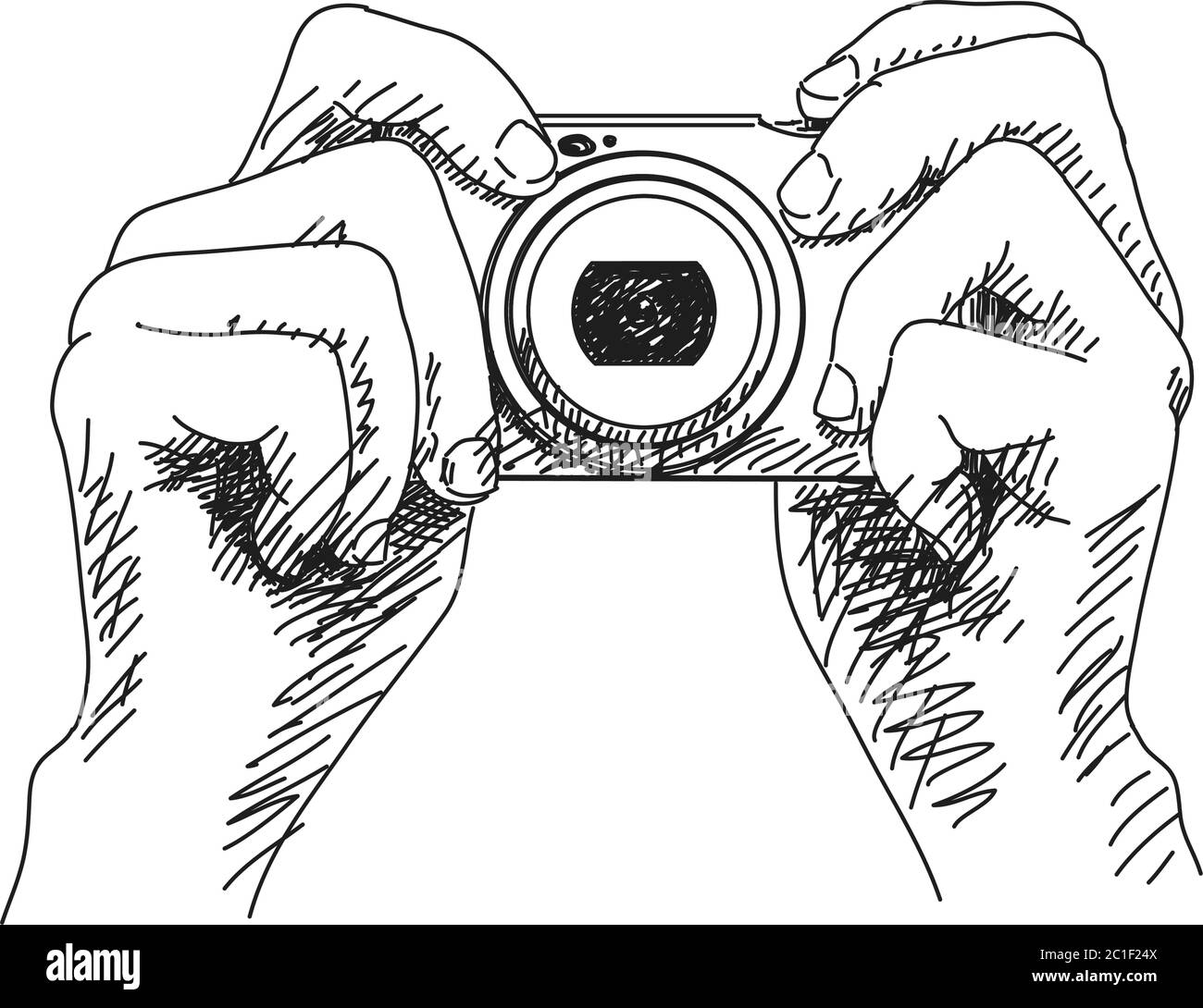 Sketch of hands holding compact photo camera, Hand drawn illustration