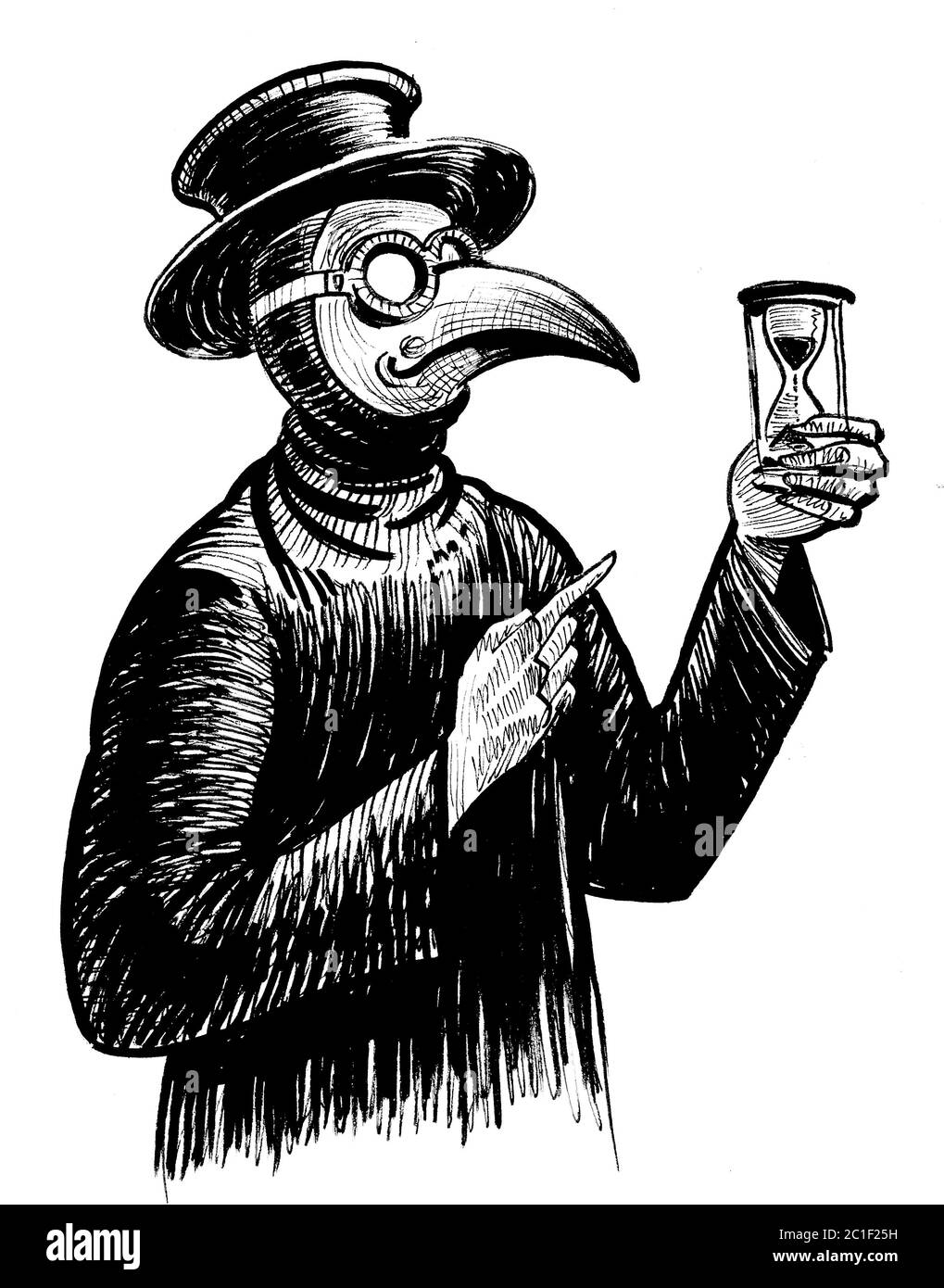 Plague doctor with a sand clock. Ink black and white drawing Stock Photo