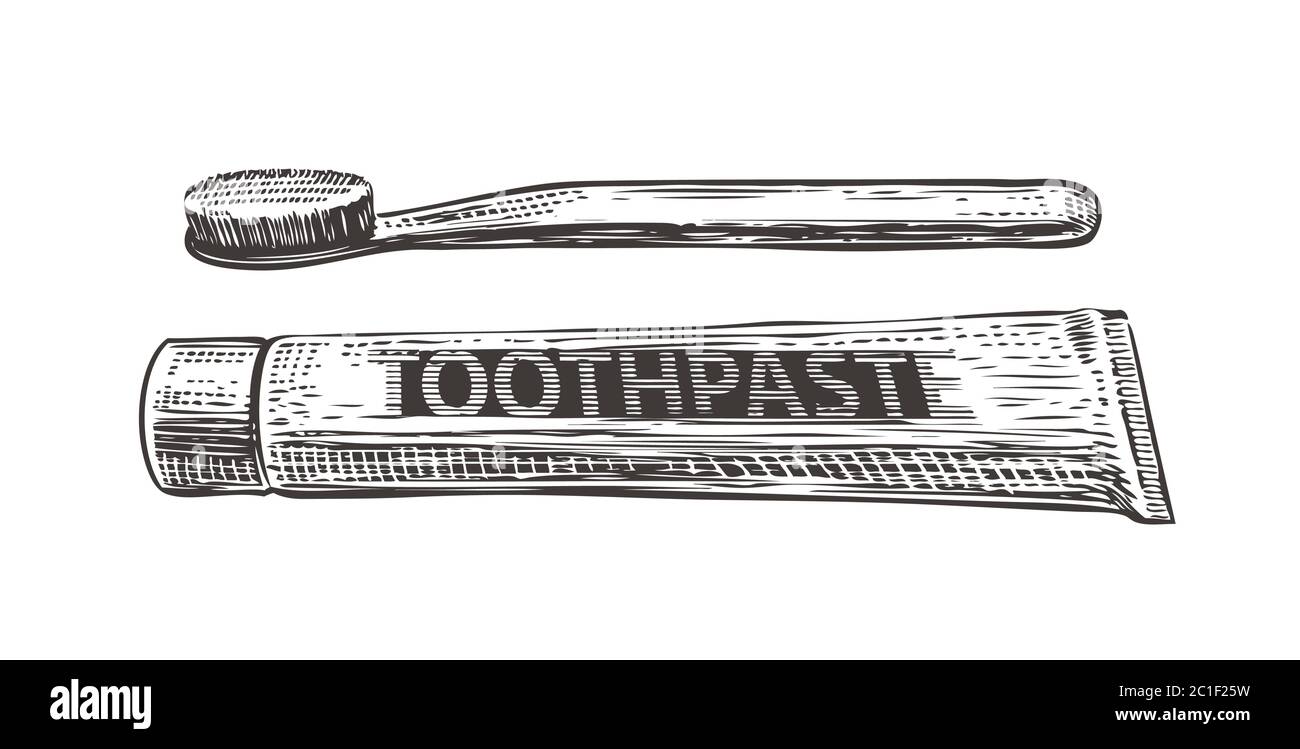 Toothbrush and toothpaste hand-drawn sketch. Hygiene vector illustration Stock Vector