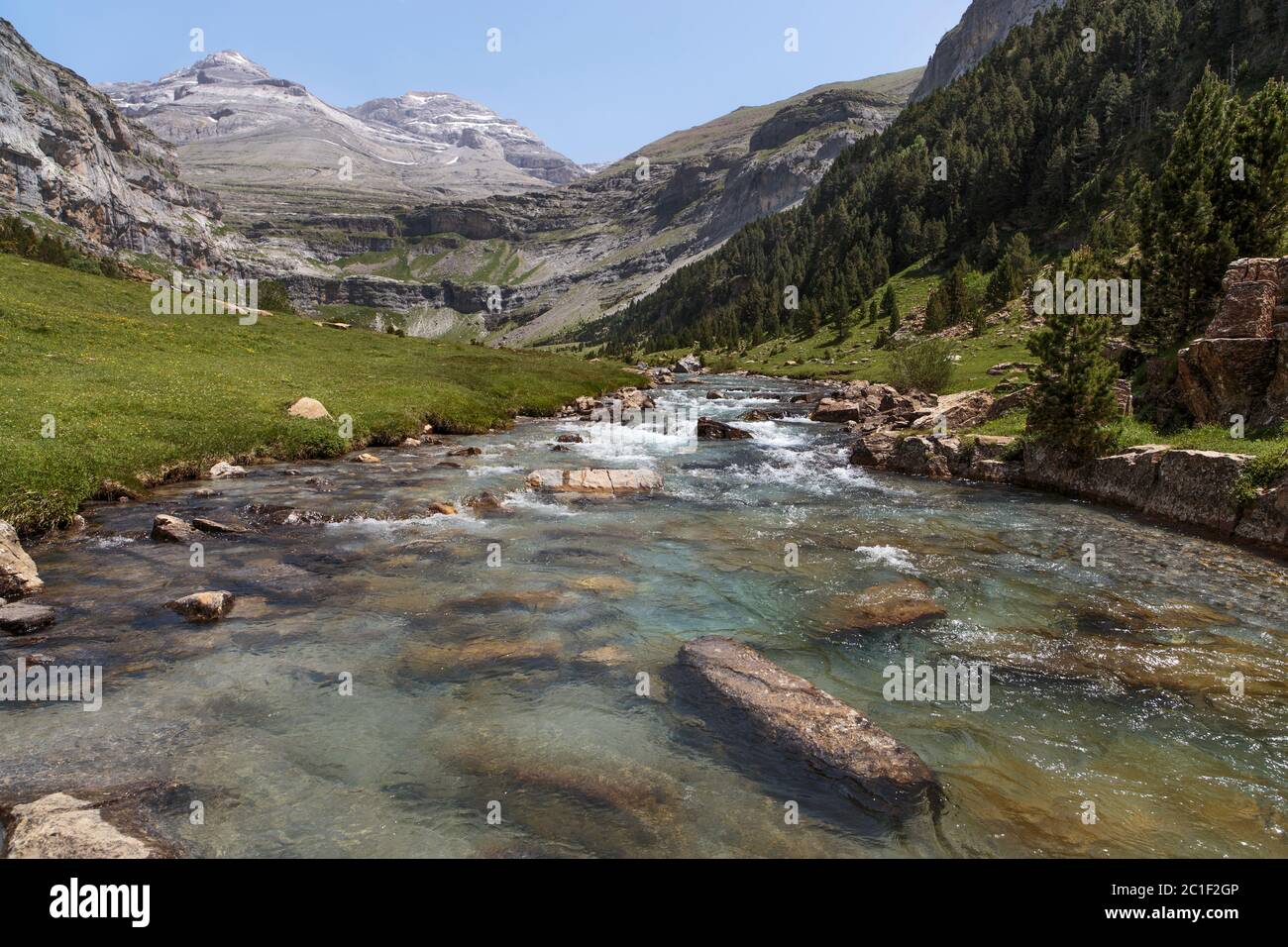River Ara in the glaciar meadow in Ordesa National Park (Huesca, Spain) Stock Photo