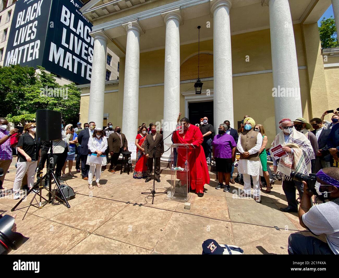 June 14, 2020, Washington D.C, District of Columbia, U.S: Interfaith Leaders Join Episcopalian Bishop Mariann Edgar Budde at St John's Church, Lafayette Square, on June 14th at 2:00pm EST in 'Call for Love in Action: Prayers for Justice'' on President Trump's Birthday, in condemnation of racism and Trump's ungodly and un-American use of force and tear gas against peaceful protestors to clear the square so he could pose for a photo op at the church two weeks ago. This event is Co-Sponsored by the Episcopal Diocese of Washington (EDOW) an inter-faith, ecumenical prayer vigil for concre Stock Photo