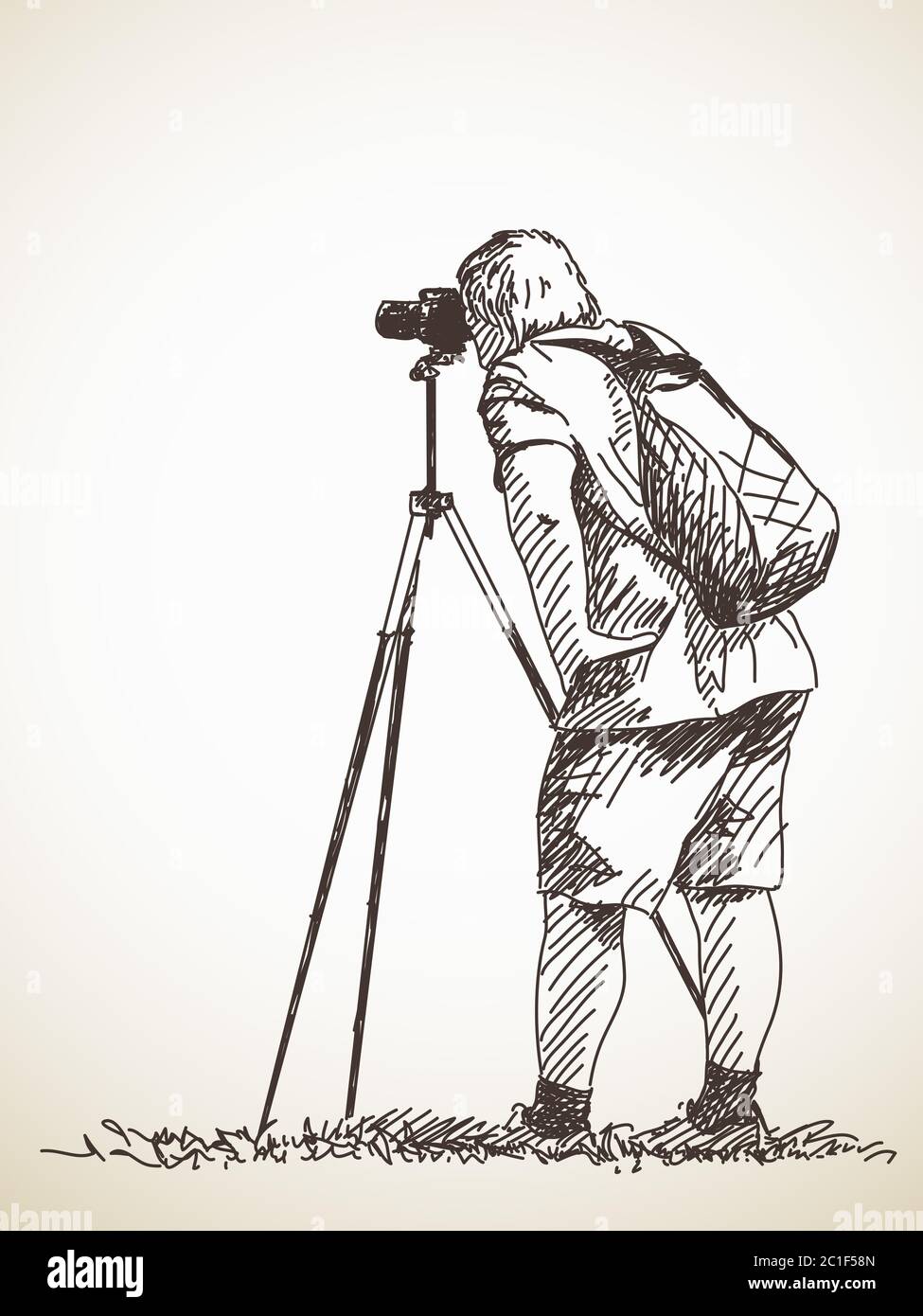 Photographer with tripod taking a photo, Hand drawn Vector illustration ...