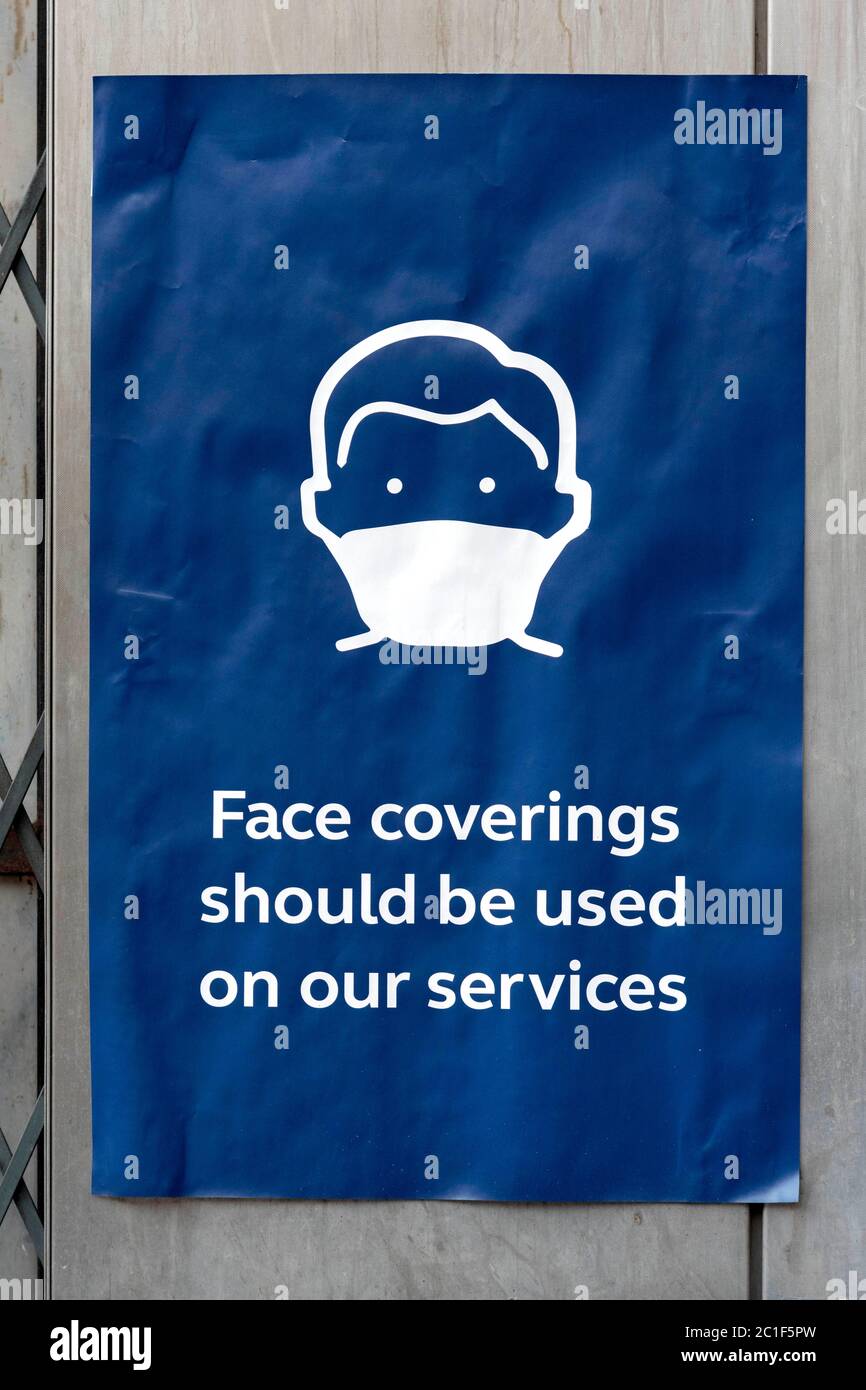 A notice informing people that face masks should be worn on the Trains.Secretary of State for Transport Grant Shapps, announced that all passengers must wear face masks on public transport starting from 15 June and warned that wearing of a facemask would be a condition to travel and failure to comply will result to failure to travel or being fined. Stock Photo