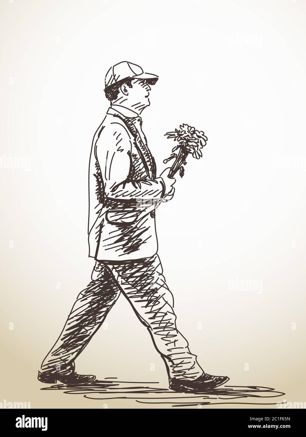 Sketch of walking Man with flowers Hand drawn illustration Stock Vector ...