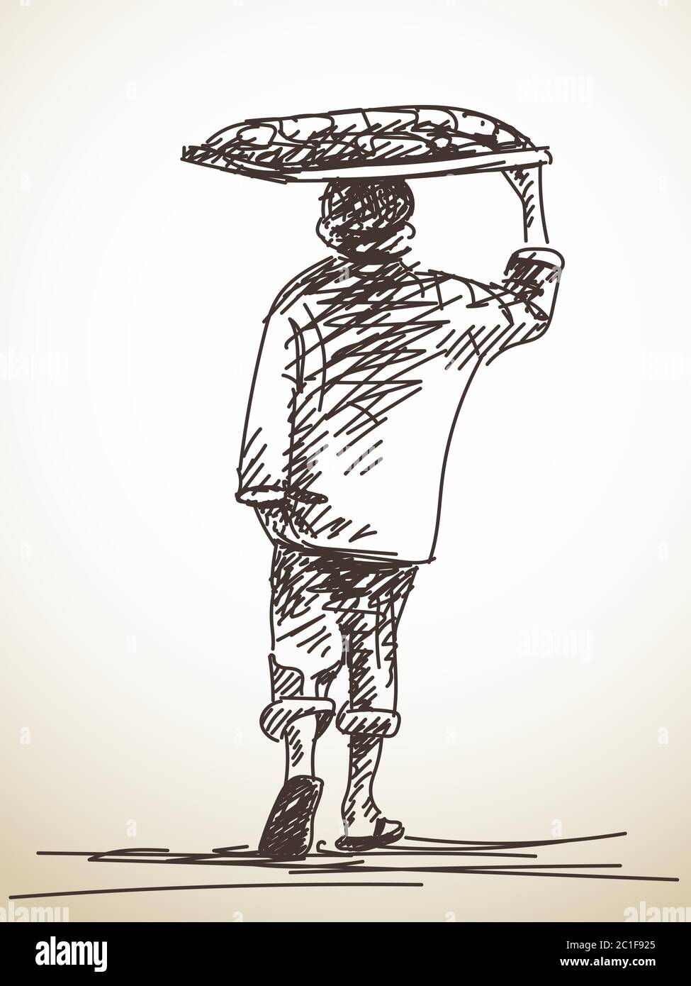 Sketch of walking vendor carrying tray of food on his head, Hand drawn