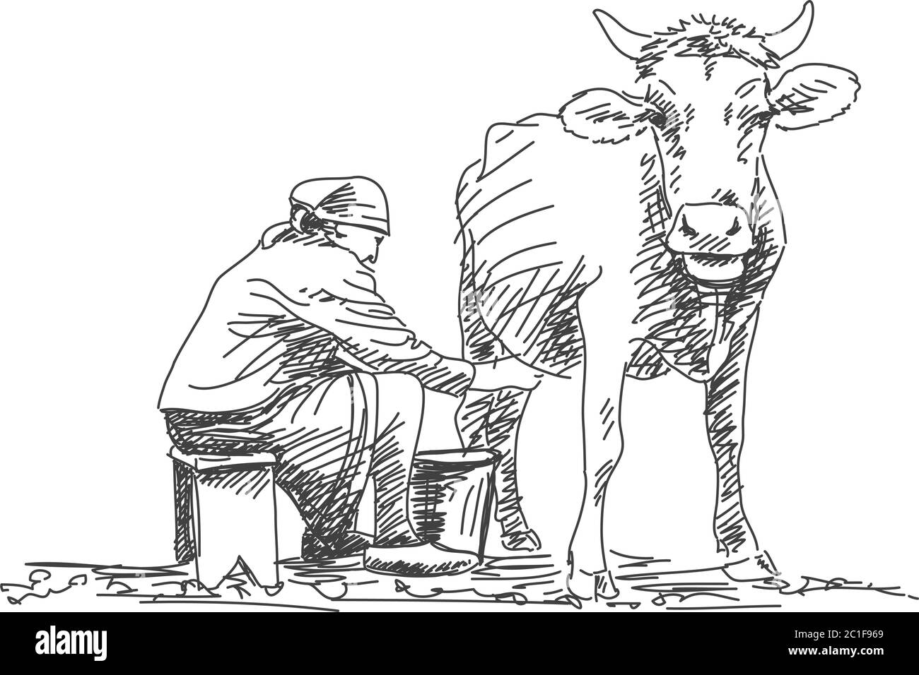 Sketch of woman milking a cow by hand Hand drawn vector illustration Stock Vector