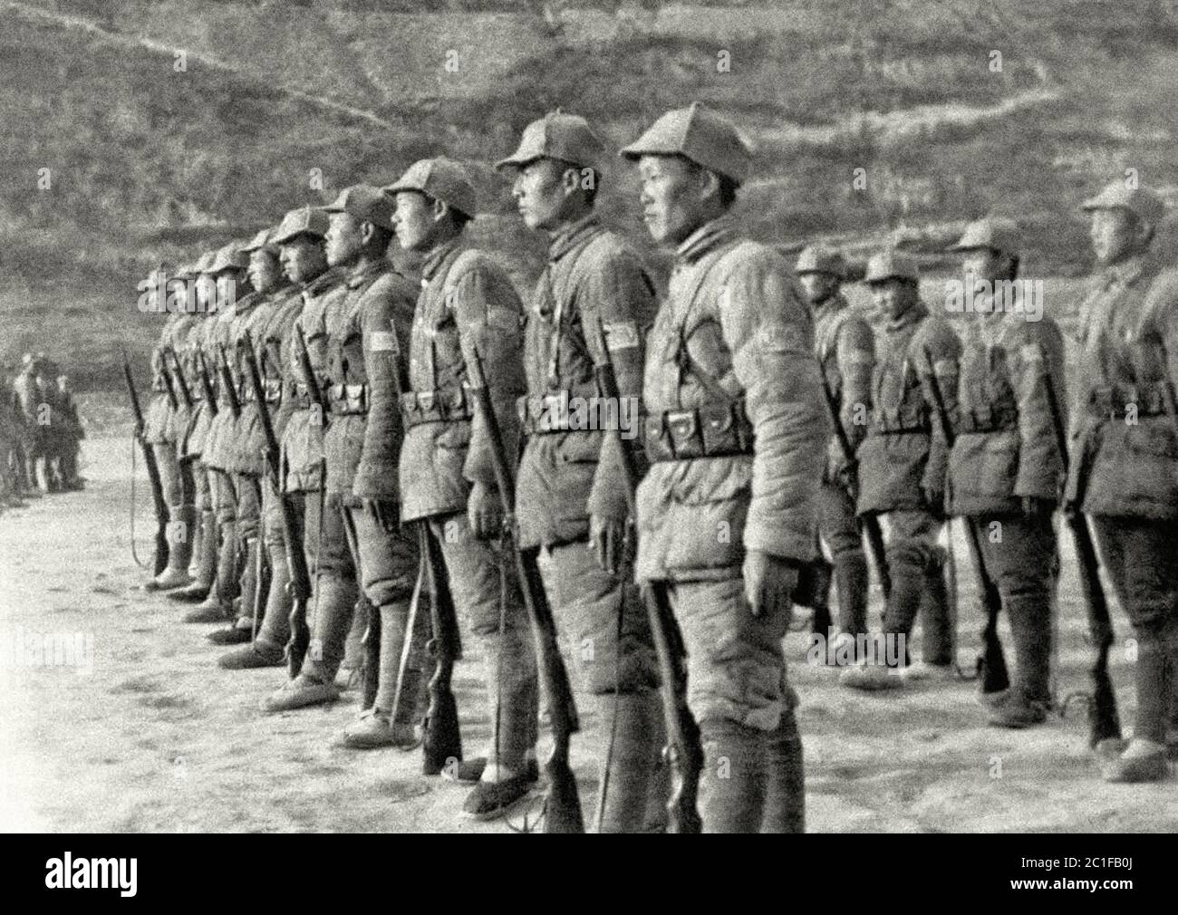 Soldiers of the Chinese communist Eighth Route Army on the drill field at Yanan, capital of a huge area in North China which is governed by the Chines Stock Photo