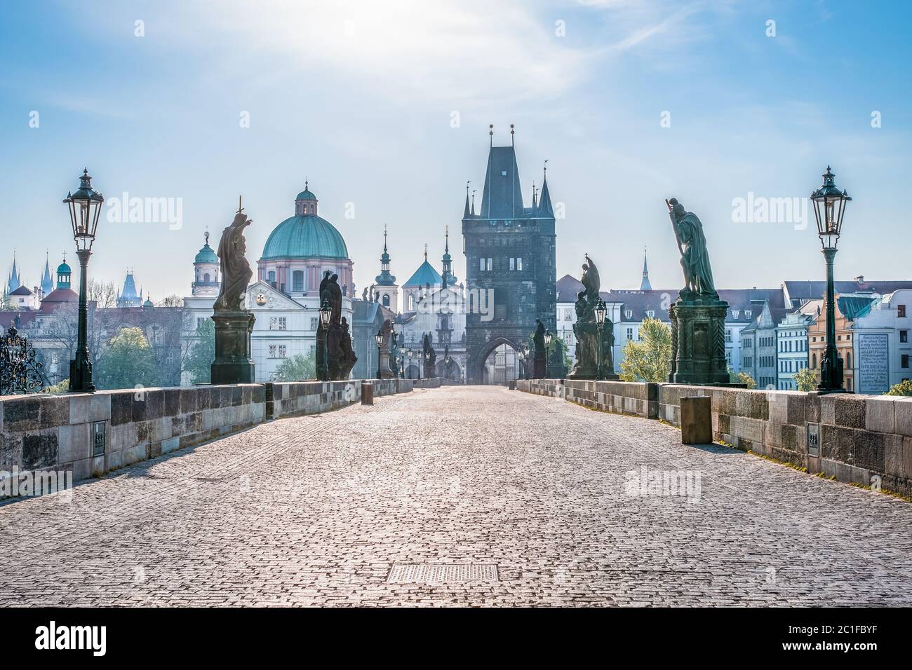 Due to the coronavirus outbreak the city center of Prague is virtually deserted. It is possible to find empty spaces even on famous landmarks. This ph Stock Photo