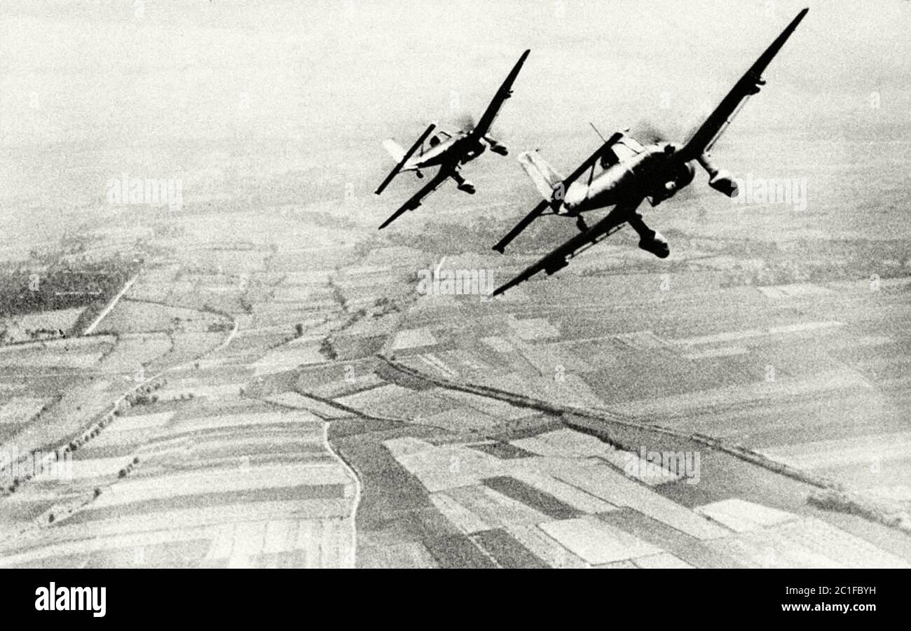 Two German Luftwaffe Ju 87 Stuka dive bombers return from an attack against the British south coast, during the Battle for Britain, on August 19, 1940 Stock Photo