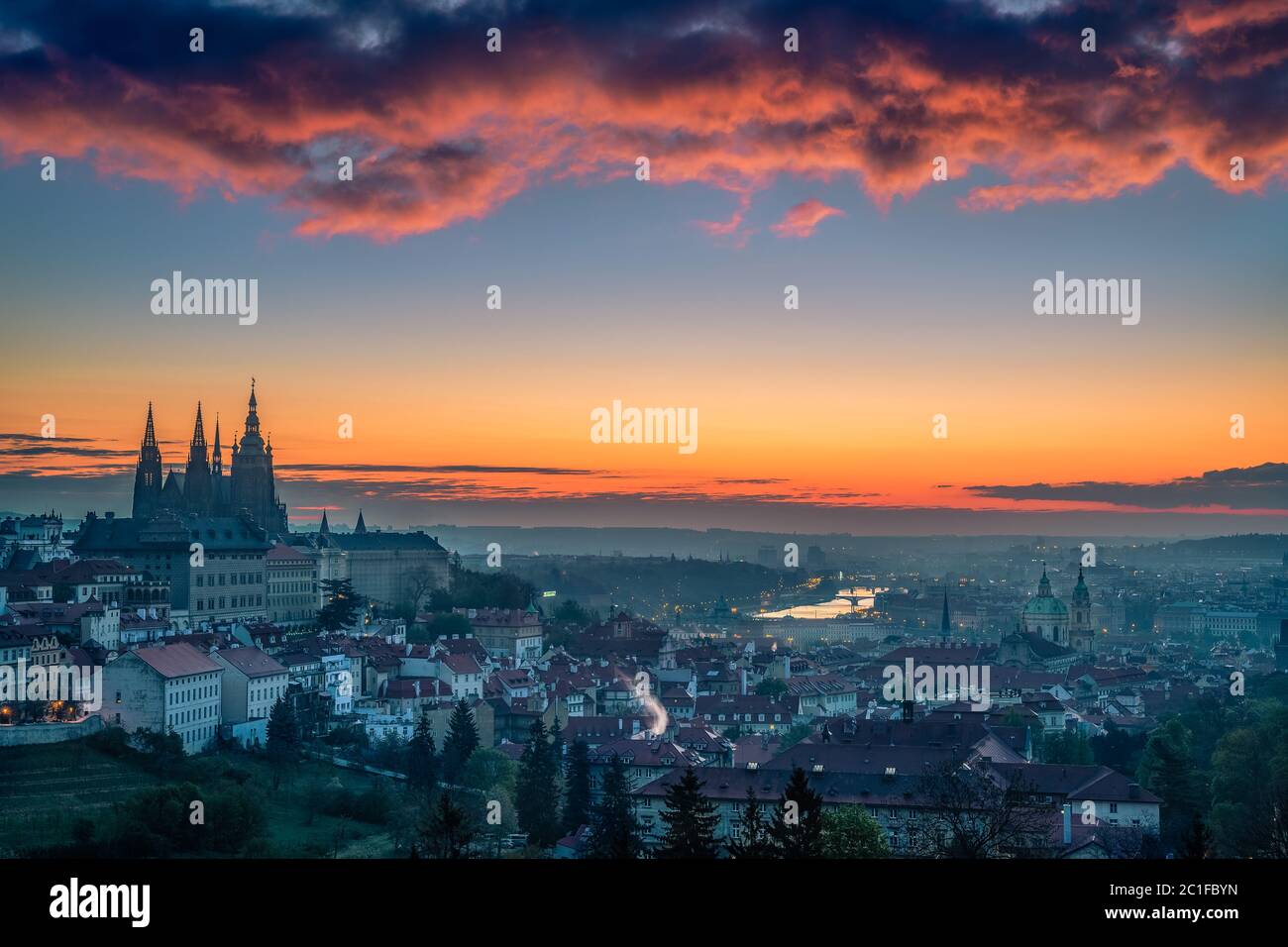 Prague Castle, St. Vitus cathedral and the UNESCO heritage site of the old city center during twilight from the Strahov Monastery, Prague, Czech Repub Stock Photo