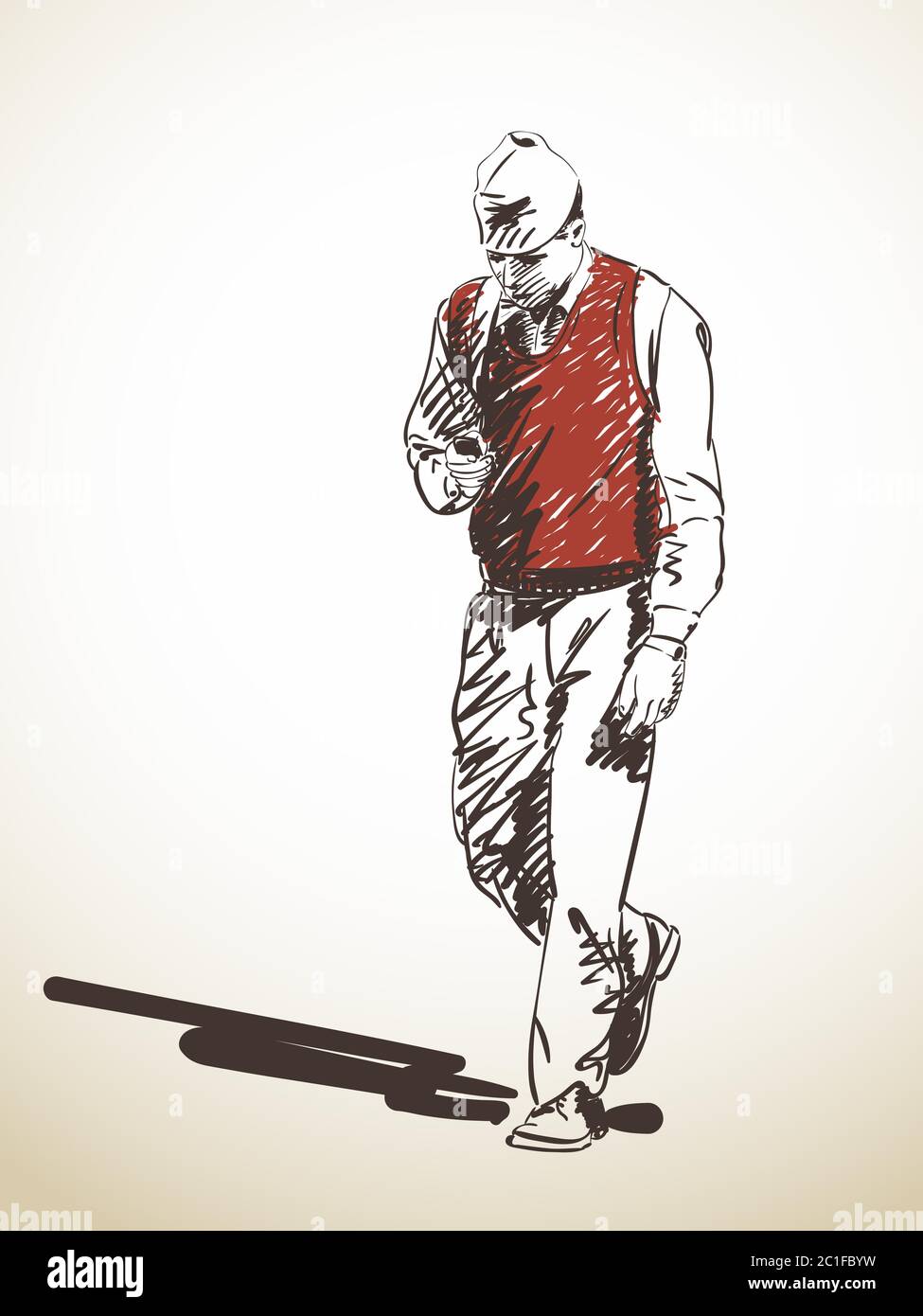 Sketch of nepali man using mobile phone while walking, Hand drawn illustration Stock Vector