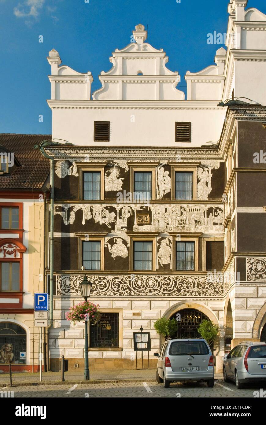 Sgraffiti at Hotel Salva Guarda in Black Eagle House at Mirove namesti in Litoměřice in Ustecky kraj (Ústí nad Labem Region), Czech Republic Stock Photo