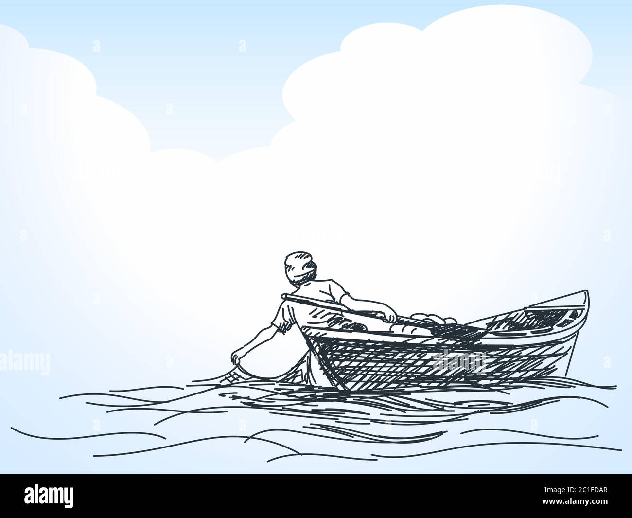 Sketch of man fishing with net from boat, Hand drawn illustration