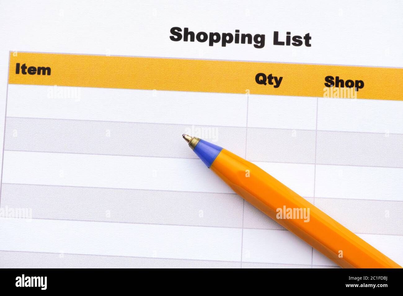 Shopping list with ballpoint pen. Close up Stock Photo Alamy