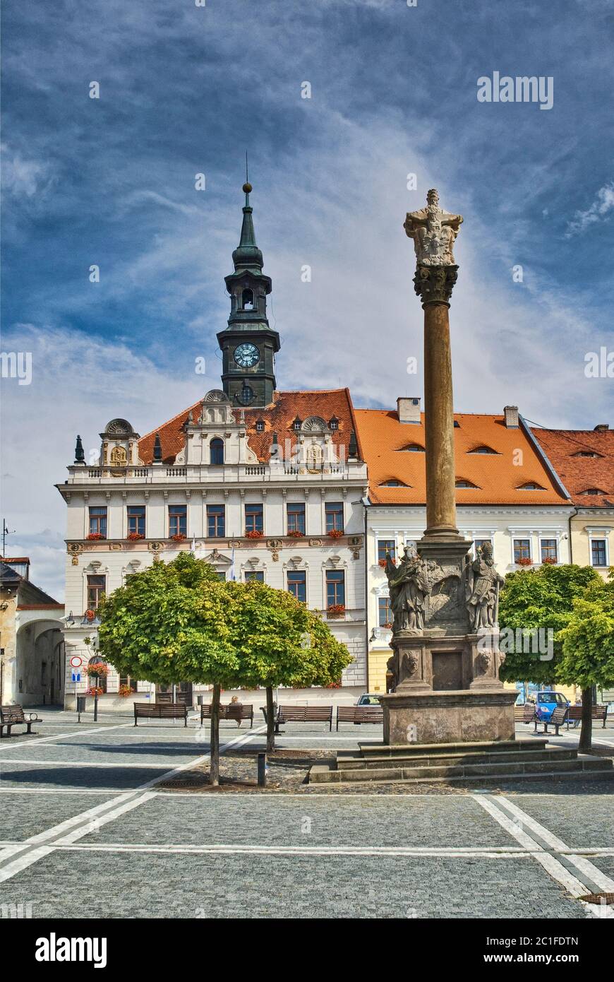 Plague column and town hall at Náměstí Masaryka in Česká Lípa in Liberecky kraj (Liberec Region), Czech Republic Stock Photo