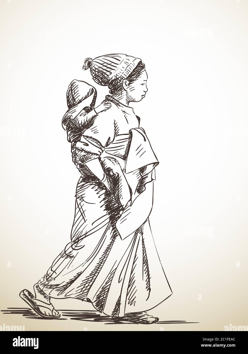 Sketch of woman carries baby on her back, Hand drawn illustration Stock ...