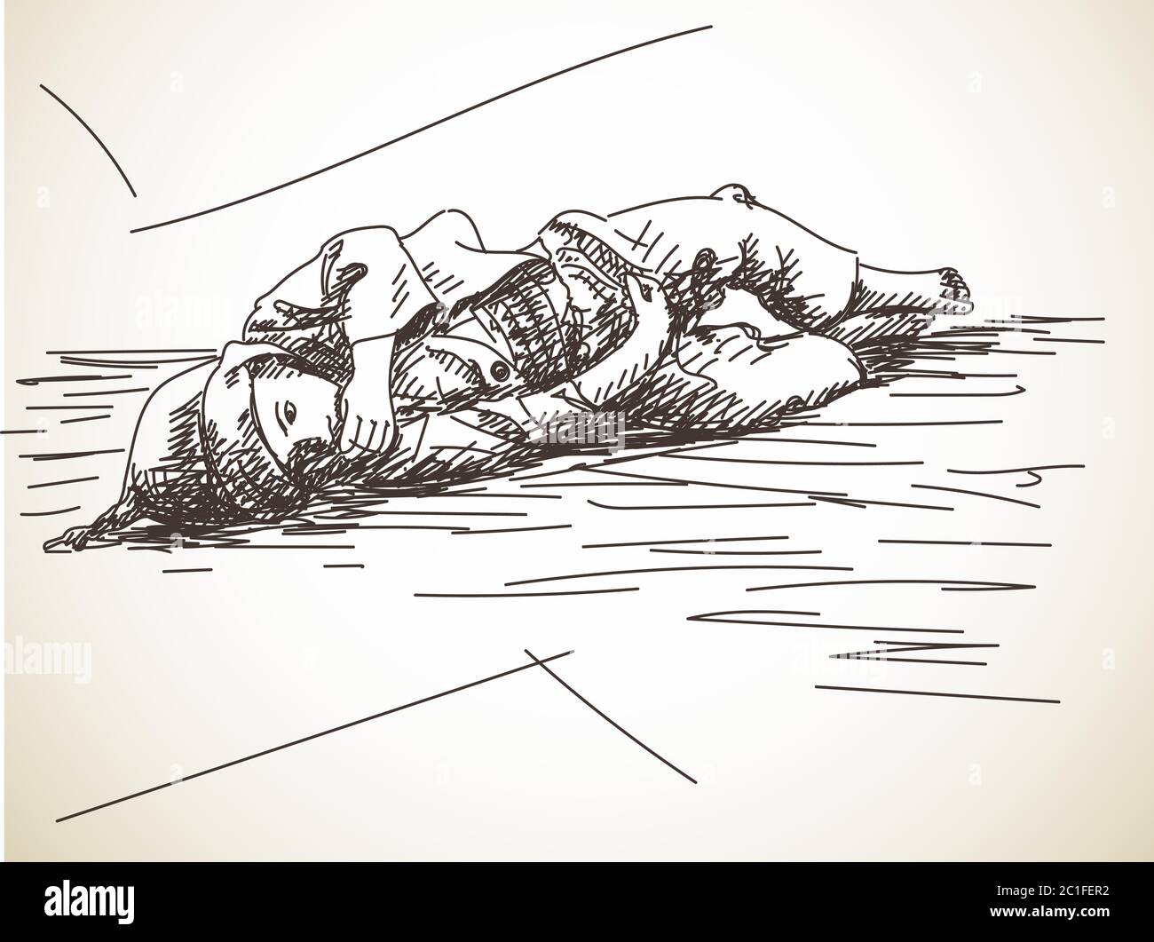 Sketch of beggar kid lying on the ground , Hand drawn illustration Stock Vector