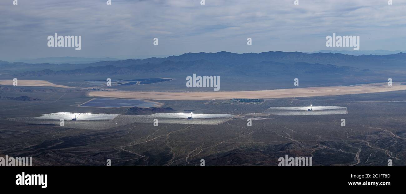 Ivanpah concentrating solar thermal electric power generating system in the Mojave Desert viewed from Clark Mountain Stock Photo