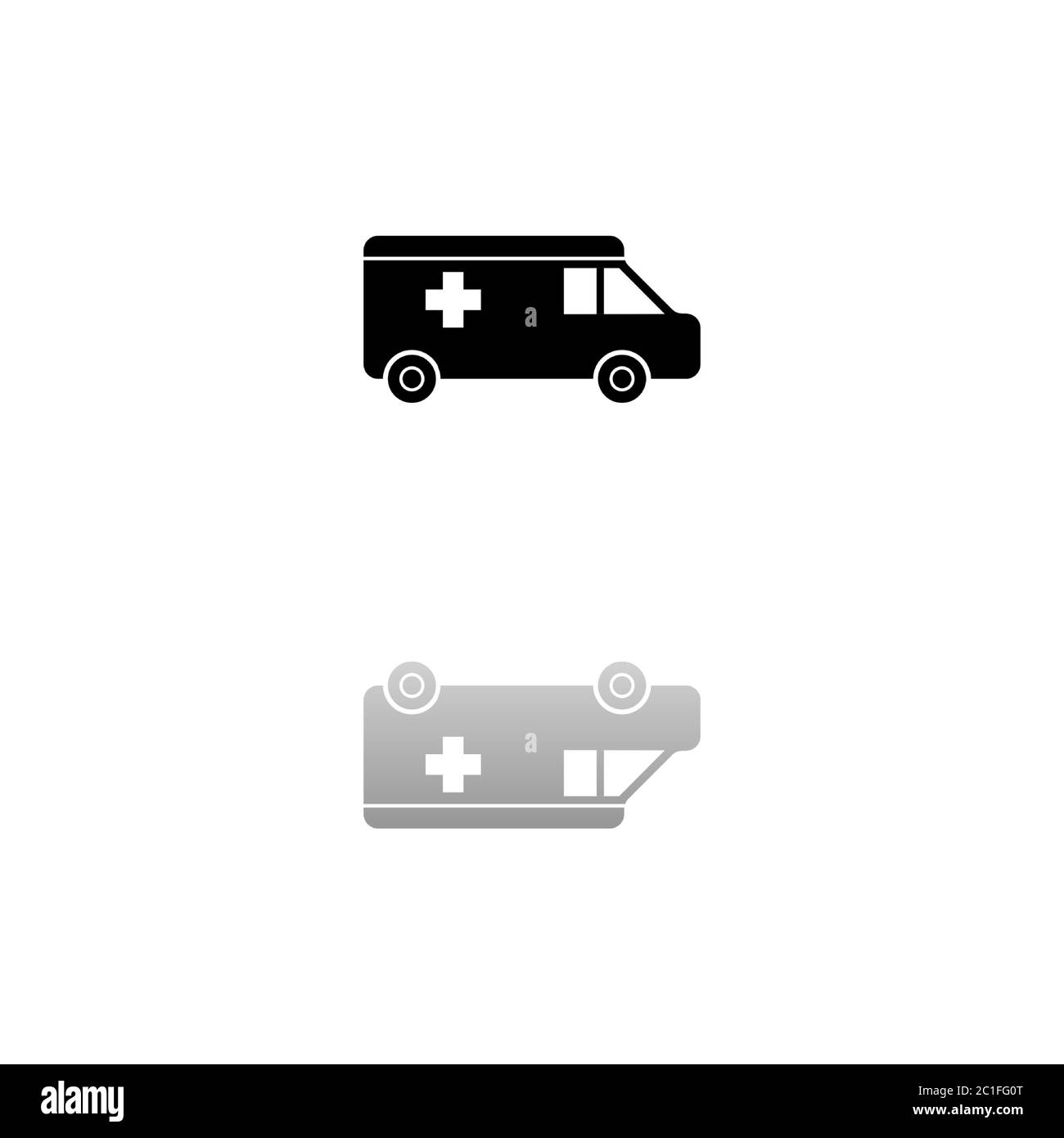 Ambulance. Black symbol on white background. Simple illustration. Flat Vector Icon. Mirror Reflection Shadow. Can be used in logo, web, mobile and UI Stock Vector