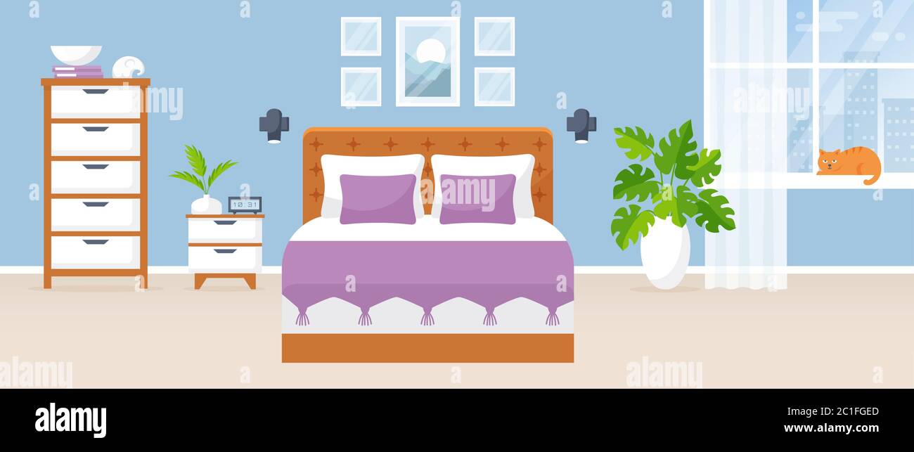 Bedroom interior. Vector illustration. Design of a modern room with double bed,  bedside table, drawer chest, window, and decor accessories. Home. Stock Vector