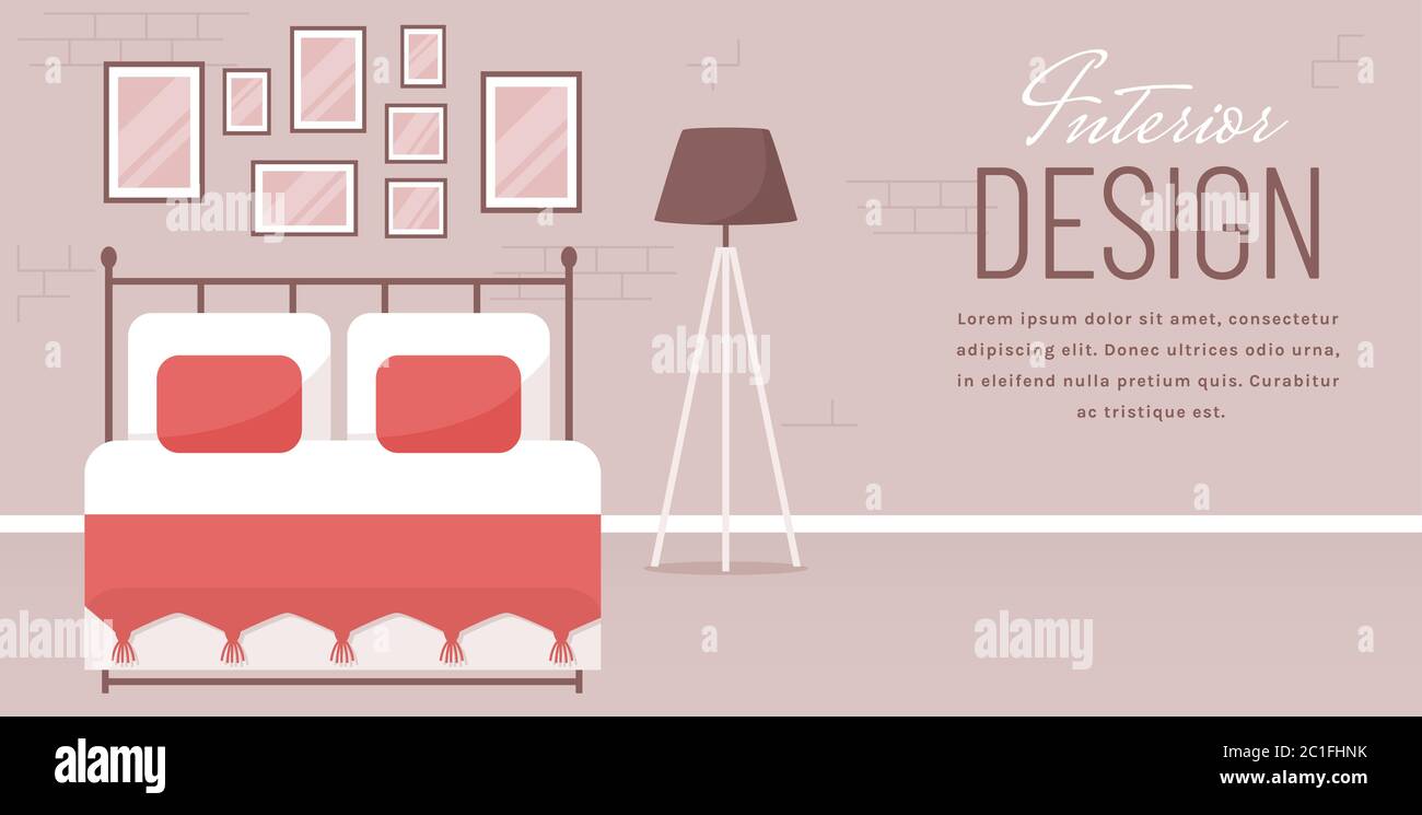 Bedroom interior. Vector web banner with place for text. Modern room design with double bed, lamp, and decor accessories. Home furnishings. Stock Vector
