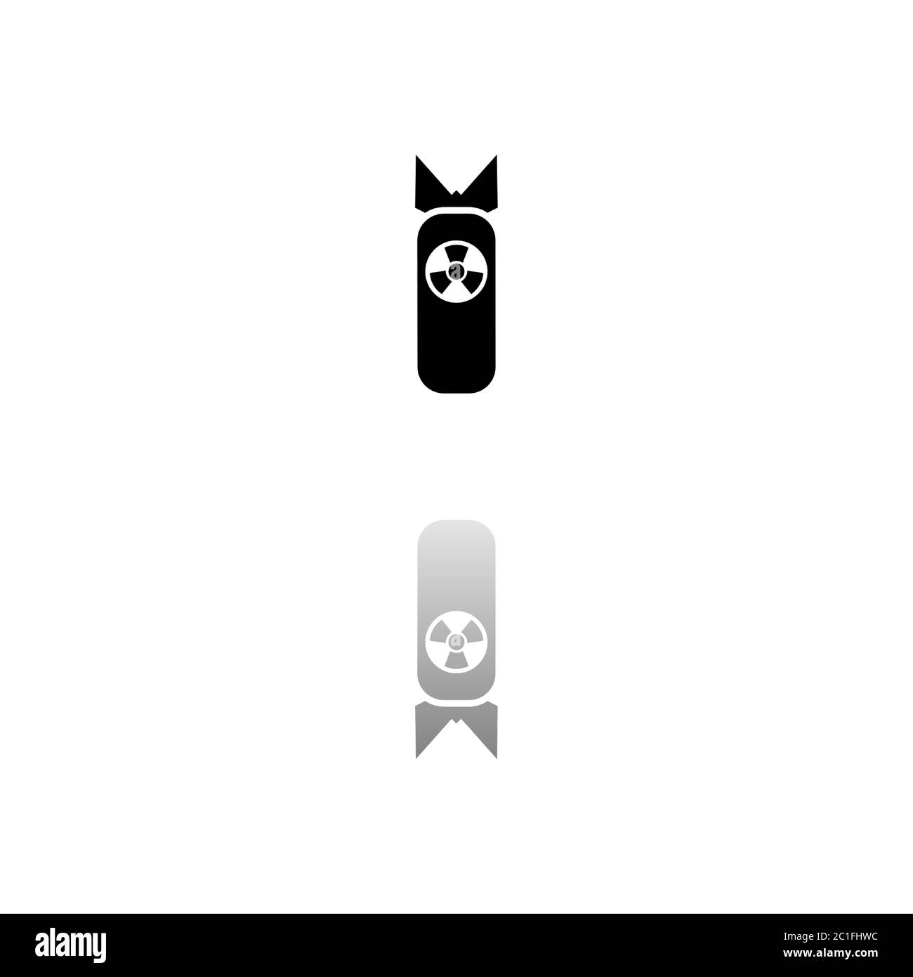 Nuclear bomb. Black symbol on white background. Simple illustration. Flat Vector Icon. Mirror Reflection Shadow. Can be used in logo, web, mobile and Stock Vector