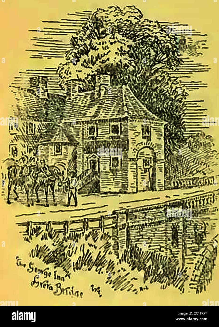 An historic sketch of the George Inn, (landlord Mr Ferguson) Greta Bridge, UK. Used by  horses as a coach stop in the coaching era. The Inn was made famous by Charles Dickens as the house where Mr. Wackford Squeers, Nicholas Nickleby, and the boys were set down after their journey from London to Dotheboys Hall. Another Inn, the New Inn, stood half a mile away. Stock Photo