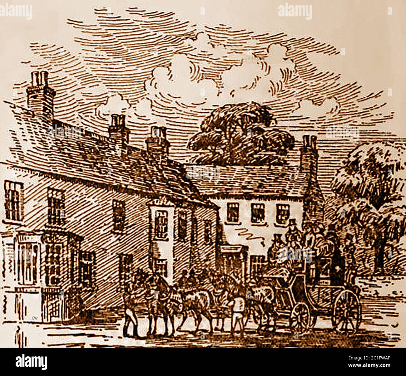 An historic sketch of the Greyhound Inn at Ferrybridge, Yorkshire, UK, one of three old coaching inns in the town. The others being  the Swan and the Angel. The Greyhound survived the other two in keeping its license. though part of it was converted into private dwellings. Mary Moody,   in 1803 took her son-in-law, Samuel Rusby, into partnership. Rusby was  formerly a wine and spirit merchant at Pontefract in partnership with Edward Trueman. He still carried on the business after the death of his mother-in-law, and horsed the Rockingham and the Express coaches. Stock Photo
