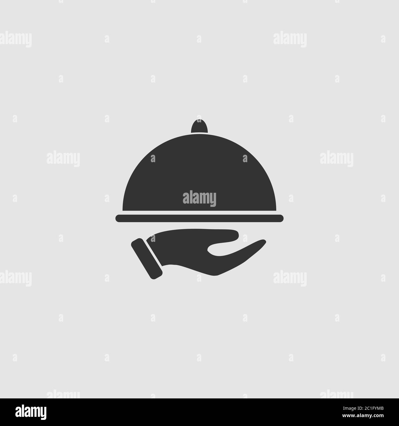 Restaurant cloche in hand the waiter icon flat. Black pictogram on grey ...
