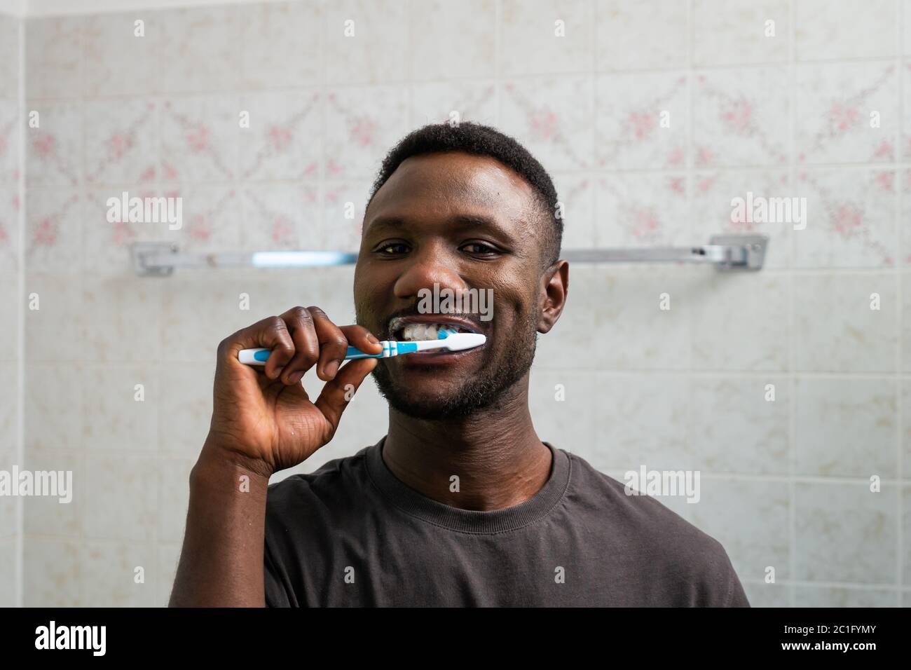 Young black man brushing teeth thoroughly at home. Front view. Looking at camera. Stock Photo