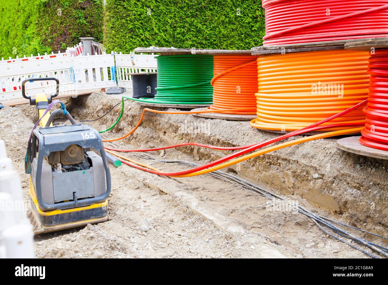 Construction site with glass fibre cables Stock Photo