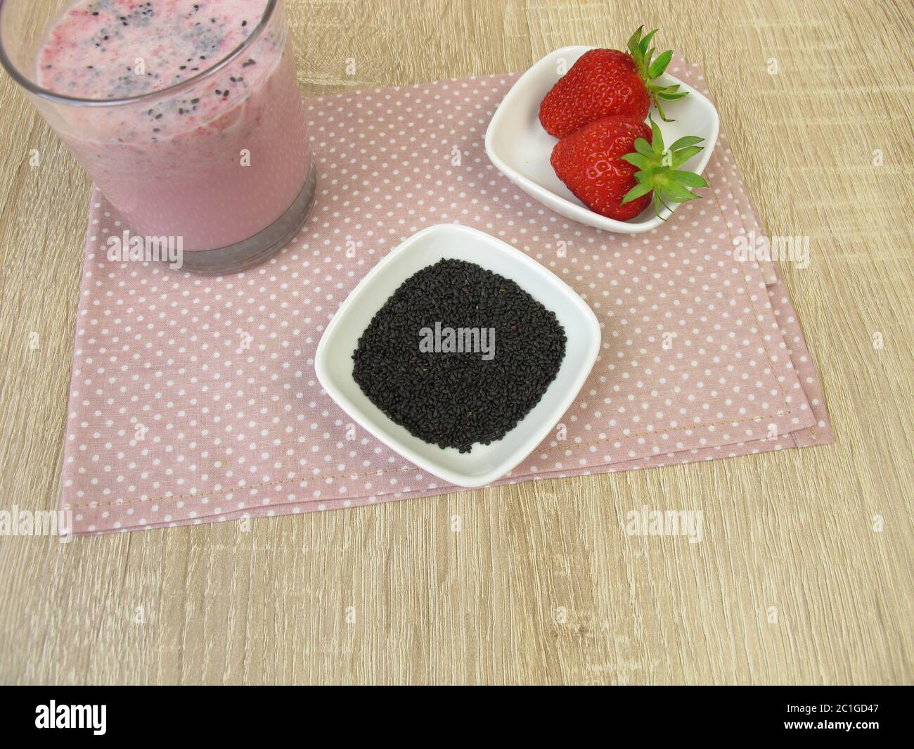 Strawberry milk shake with superfood basil seeds Stock Photo Alamy